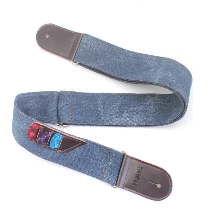 Denim Leather Guitar Strap With Pick Holder